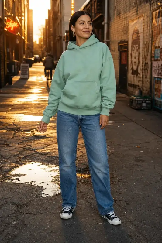Woman in a mint green hoodie and blue jeans stands in a sunlit urban alley, looking to the side.