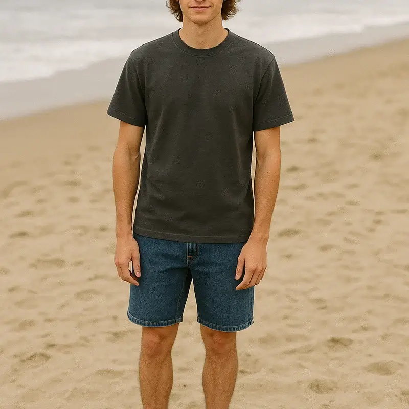 Person standing on a sandy beach wearing a dark T-shirt and blue denim shorts, facing forward.