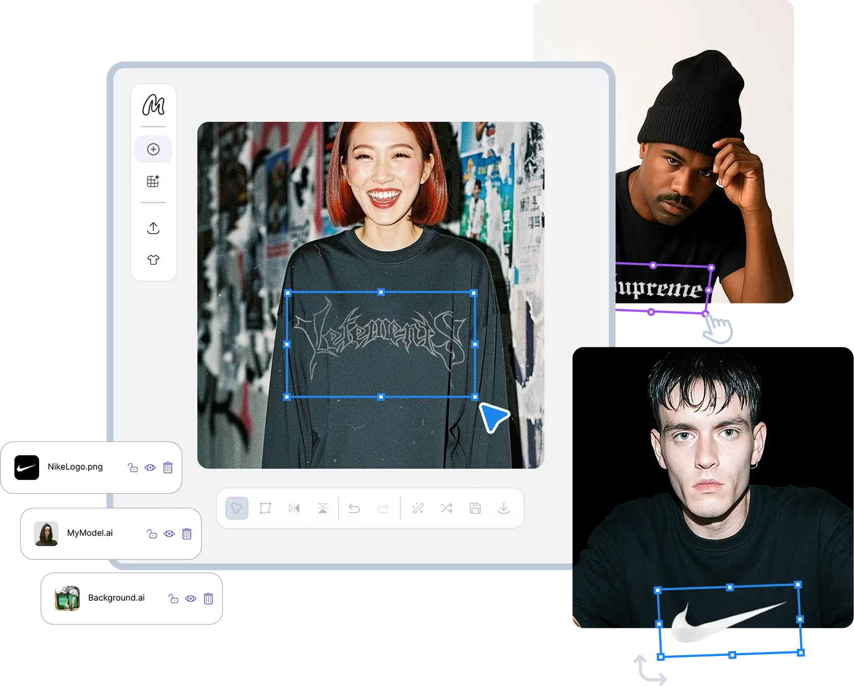 Mock It AI product mockup editor showing apparel photoshoot previews