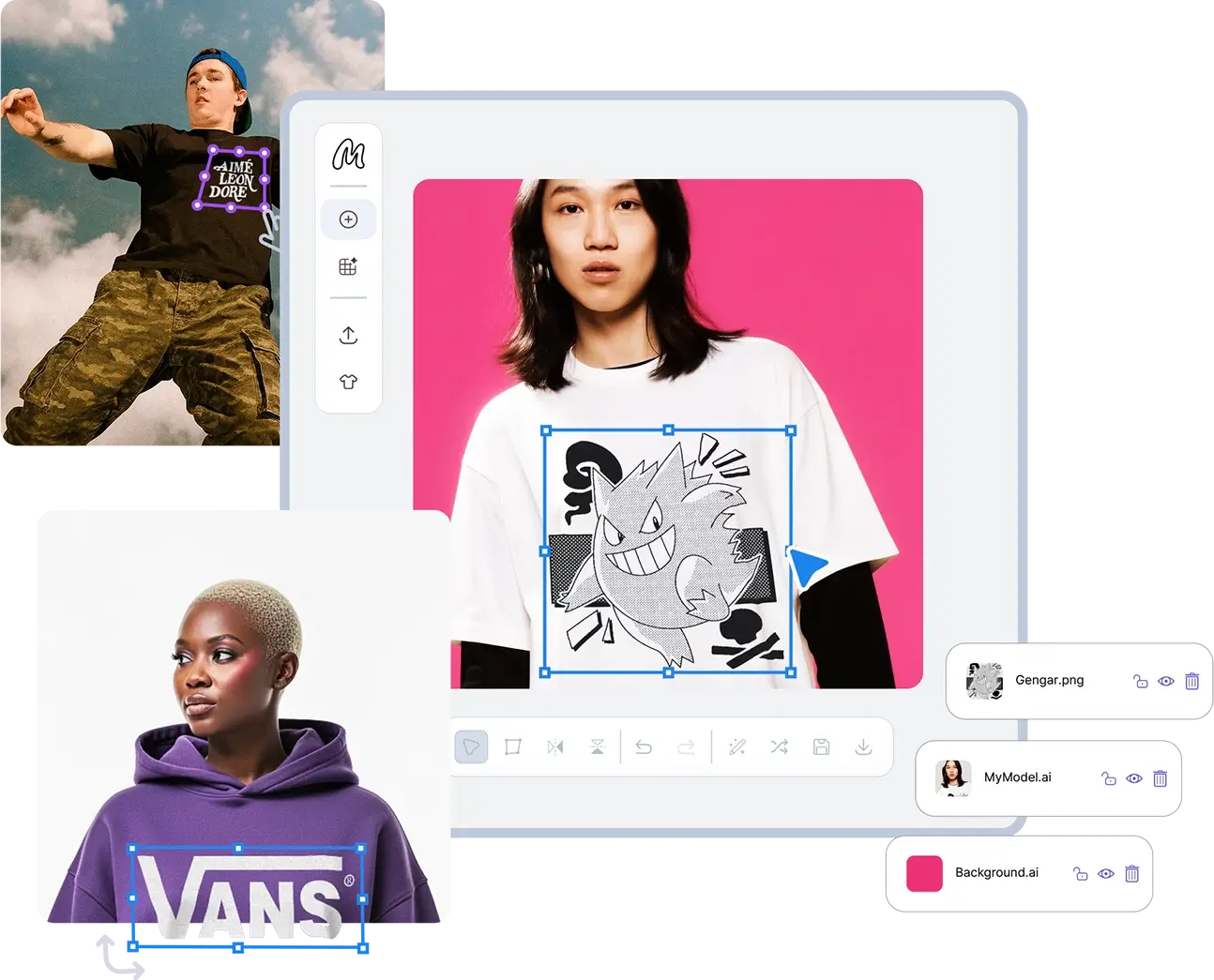 Mock It AI apparel editor previews with fashion mockups and layered design assets